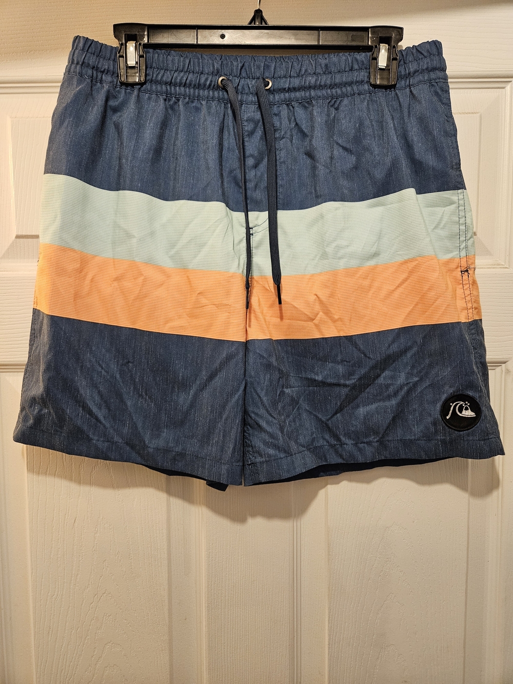 Quiksilver Men's Navy Board Shorts with Light Blue and Orange Stripes